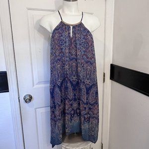 Love Reign Womens XL Blue Halter Swing Dress Slit Neck Spaghetti Flowy Boho